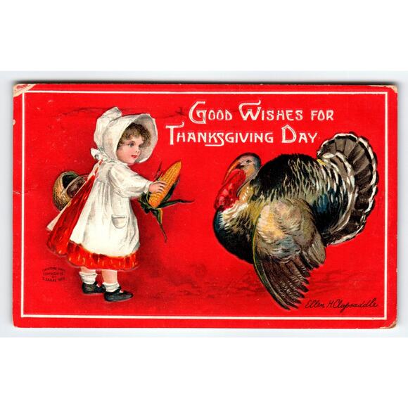 Vintage 1909 Thanksgiving Postcard Little Girl Turkey Litho Ellen H. Clapsaddle - Picture 1 of 2